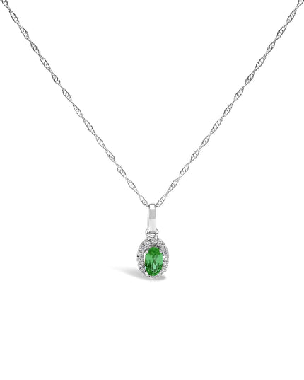 10K White Gold 5x3mm Gemstone and Diamond Accent Halo Oval Shape 18" Pendant Necklace (I-J Color, I1-I2 Clarity)