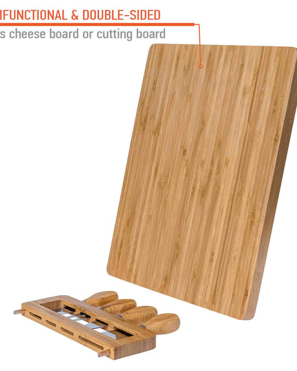 Bamboo Cheese Board Set - 14x11 Inch With 4 Knives - Wood Tray