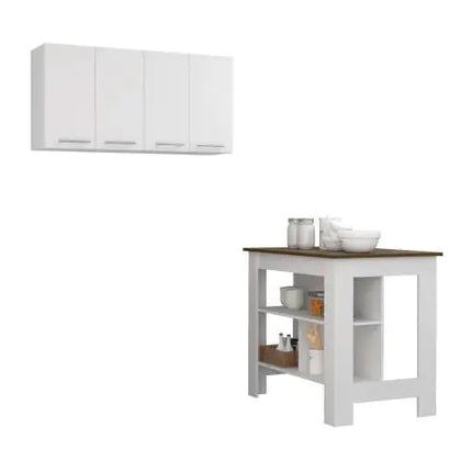 5-shelf 4-door Kitchen Set, Island & Wall Cabinet, White/walnut