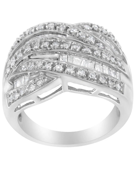 .925 Sterling Silver 1.0 Cttw Channel Set Alternating Round and Baguette Diamond Cross-over Bypass Ring Band (I-J Color, I2-I3 Clarity)