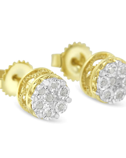 10K Yellow Gold over .925 Sterling Silver 1/7 Cttw Rose-Cut Miracle-Set Diamond Floral Cluster Button Stud Earrings (I-J Color, I3 Clarity)
