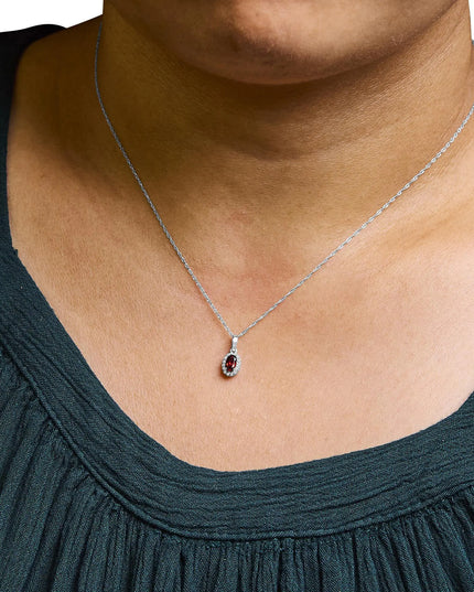 10K White Gold 5x3mm Gemstone and Diamond Accent Halo Oval Shape 18" Pendant Necklace (I-J Color, I1-I2 Clarity)