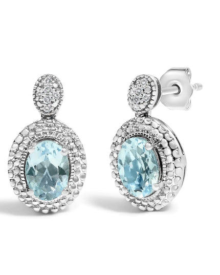 .925 Sterling Silver Diamond Accent and  Oval Blue Topaz with Beaded Halo Drop Stud Earrings (I-J color, I1-I2 Clarity)