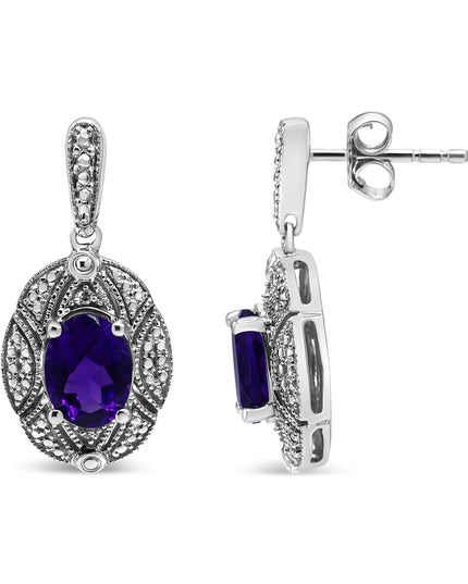 .925 Sterling Silver Diamond Accent and 8x6mm Purple Oval Amethyst Stud Earrings (I-J Color, I1-I2 Clarity)