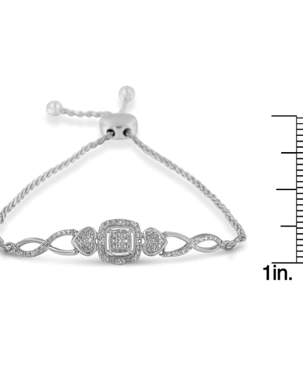 .925 Sterling Silver Diamond Cushion Frame Heart-Sides Twist 4”-10” Adjustable Bolo Tennis Bolo Bracelet (I-J Color, I3 Clarity)