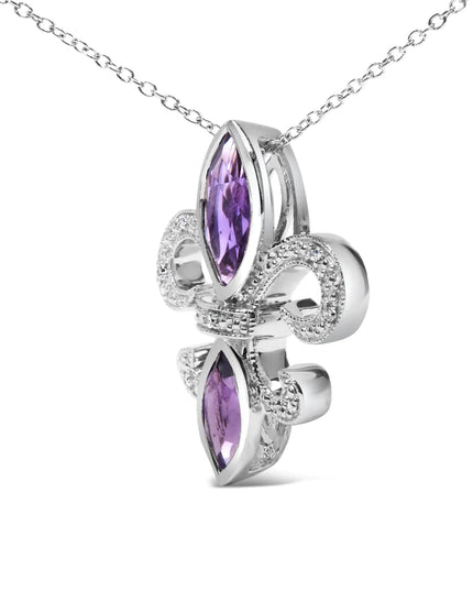 .925 Sterling Silver Purple Amethyst Marquise and Diamond Accent Fleur De Lis Pendant Necklace (H-I Color, SI1-SI2 Clarity) - Size 18"