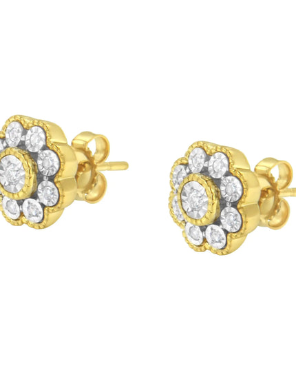 14K Yellow Gold Plated .925 Sterling Silver 1/6 Cttw Miracle-Plate Set Diamond Floral Stud Earrings (I-J Color, I2-I3 Clarity)