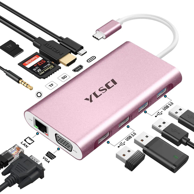 USB C Hub 11 in 1 Docking Station with 4K HDMI VGA 100W PD Ethernet SD/TF 3.5MM Audio 4 USB A USB C Adapter for Mac Pro/Air Surface Pro and More