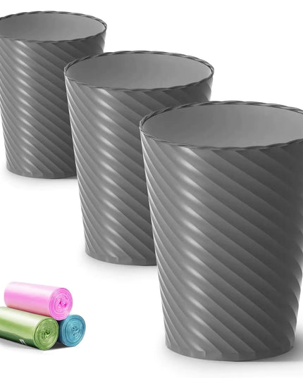 3-Pack Bathroom Trash Cans – 1.8 Gallon Small Round Plastic Waste Bins with Trash Bags – Compact Garbage Cans for Bathroom, Bedroom, Office, Kitchen (Grey)