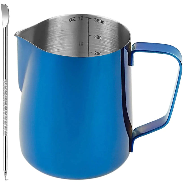12 oz Stainless Steel Milk Frothing Pitcher with Latte Art Pen – Blue