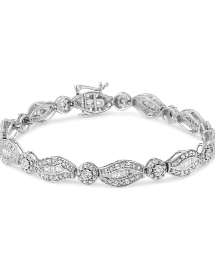 .925 Sterling Silver 1 cttw Diamond Double Leaf and Bezel Link Bracelet (I-J Clarity, I2-I3 Color) - Size 7.25"