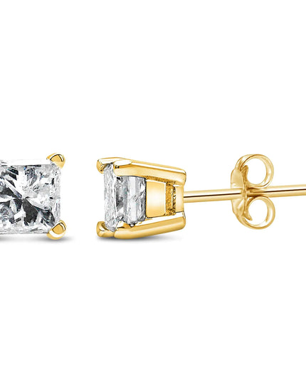 IGI Certified 14k Yellow Gold 4-Prong Set Princess-Cut Solitaire Diamond Push Back Stud Earrings (L-M Color, I1-I2 Clarity)