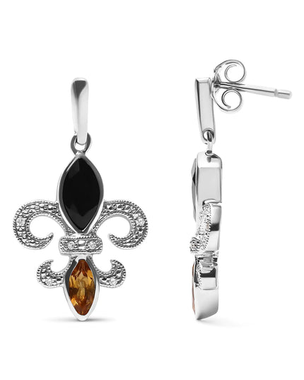 .925 Sterling Silver Marquise Cut Onyx and Citrine with Diamond Accent Fleur De Lis Drop Stud Earrings (H-I Color, SI1-SI2 Clarity)