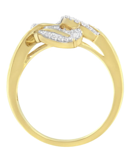 18K Yellow and White Gold Plated .925 Sterling Silver 3/8 Cttw Baguette and Round Diamond Bypass Triple Leaf Ring (I-J Color, I1-I2 Clarity)