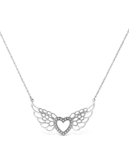 .925 Sterling Silver Pave-Set Diamond Accent Fairy Wing 18" Heart Pendant Necklace (I-J Color, I1-I2 Clarity)