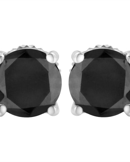 .925 Sterling Silver Round Brilliant-Cut Black Diamond Classic 4-Prong Stud Earrings with Screw Backs (Fancy Color-Enhanced, I2-I3 Clarity)