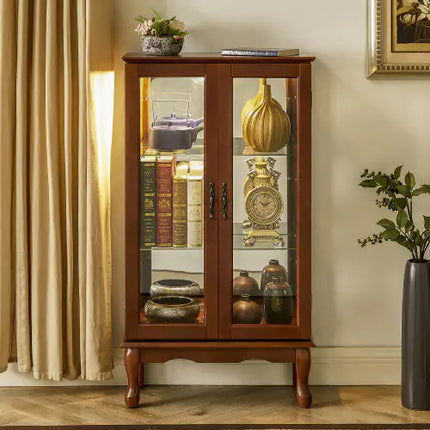 Lighted Curio Cabinet, Adjustable Shelves, Mirrored Back, Tempered Glass Doors