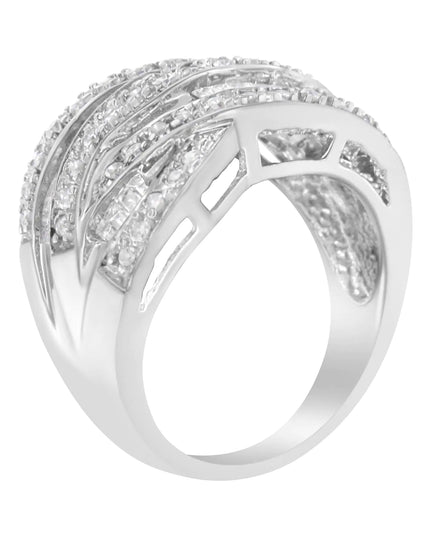 .925 Sterling Silver 1.0 Cttw Channel Set Alternating Round and Baguette Diamond Cross-over Bypass Ring Band (I-J Color, I2-I3 Clarity)