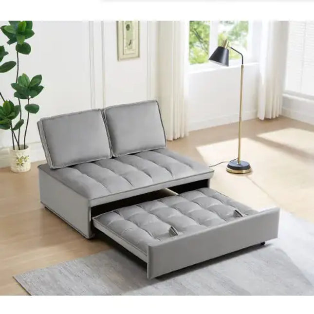 Modern Velvet Convertible Sofa Bed, Double Seat, 2 Detachable Backs, Grey