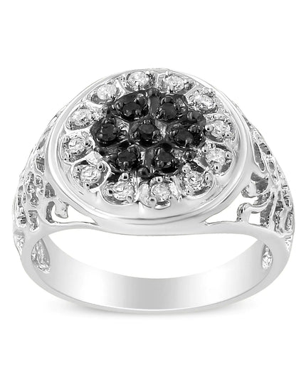 .925 Sterling Silver 1/4 Cttw White and Black Treated Diamond Halo Cluster Ring for Men (I-J Color, I3 Clarity)