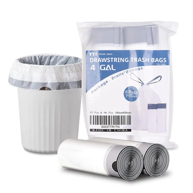 4 Gallon Trash Bags, 40 Count Drawstring Garbage Bags – Thickened, Unscented Wastebasket Liners for Bathroom, Bedroom, Office Trash Cans