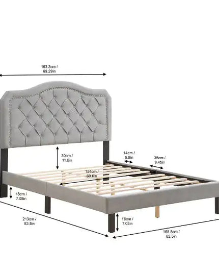 Grey Velvet Platform Bed Queen