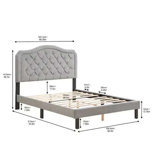 Grey Velvet Platform Bed Queen