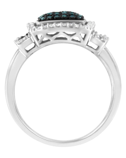 Black Rhodium Plated .925 Sterling Silver 1/2 Cttw White & Blue Diamond Square Halo Cocktail Ring (Fancy Blue & H-I Color, I2-I3 Clarity)