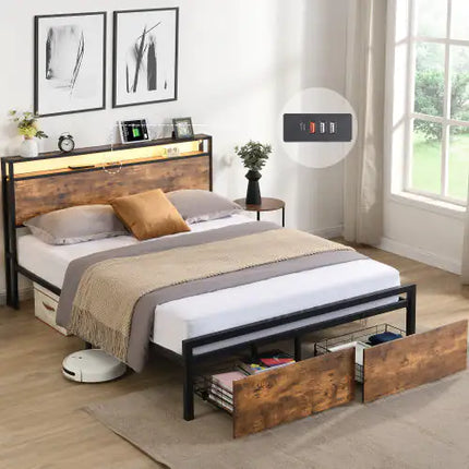 Full Size Bed Frame With Storage Headboard, 2 Drawers, LED Lights, Charging Station