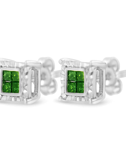 Sterling Silver Color Treated Princess Diamond Quad Stud Earring (1/2 cttw, Green Color, I1-I2 Clarity)