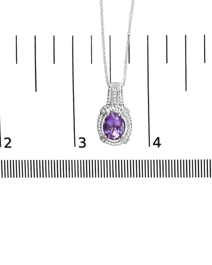 .925 Sterling Silver 9x7mm Oval Purple Amethyst and Round Diamond Accent Fashion Drop Pendant 18 Inch Necklace (I-J Color, I1-I2 Clarity)