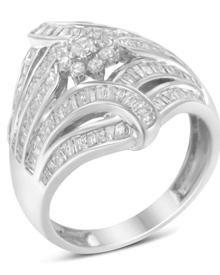 .925 Sterling Silver 1-1/8 Cttw Round & Baguette Diamond 'Flower & Fern' Cluster Cocktail Fashion Ring (I-J Color, I2-I3 Clarity)
