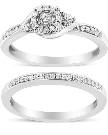 .925 Sterling Silver 1/4 Cttw Diamond Halo and Swirl Engagement Ring and Wedding Band Set (I-J Color, I3 Clarity)