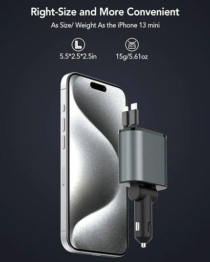 Retractable Car Charger, 4 in 1 Fast Car Phone Charger 66W, Retractable Cables and USB Car Charger,Compatible with iPhone 15/14/13/12/11,Galaxy,Pixel