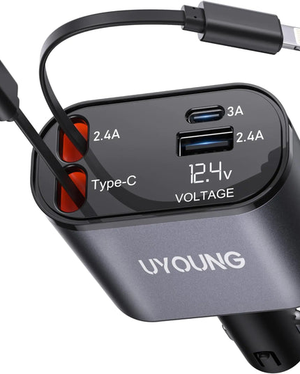 Retractable Car Charger, 4 in 1 Fast Car Phone Charger 66W, Retractable Cables and USB Car Charger,Compatible with iPhone 15/14/13/12/11,Galaxy,Pixel