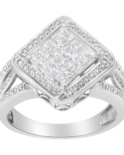 .925 Sterling Silver 2/5 Cttw Princess Cut Diamond Square On Point Cluster Composite Cocktail Ring (H-I Color, SI1-SI2 Clarity)