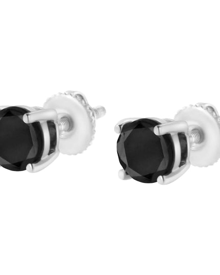 .925 Sterling Silver Round Brilliant-Cut Black Diamond Classic 4-Prong Stud Earrings with Screw Backs (Fancy Color-Enhanced, I2-I3 Clarity)