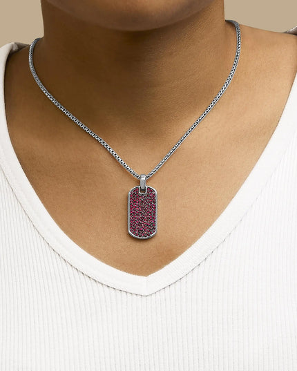 Men's .925 Sterling Silver Created Red Ruby Dog Tag Pendant Necklace - 22" Inches