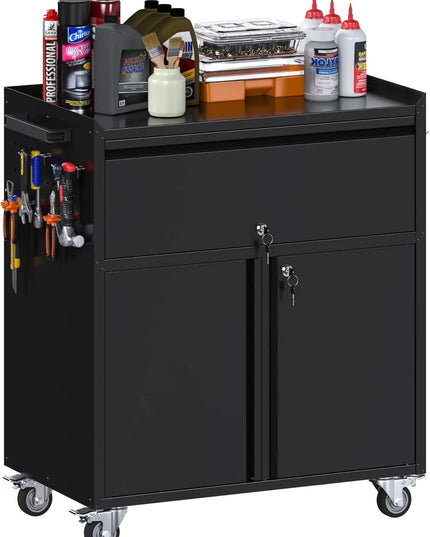 Black Metal Rolling Tool Cabinet With Drawer, Pegboard, Handle, Hooks, Adjustable Shelves On Wheels