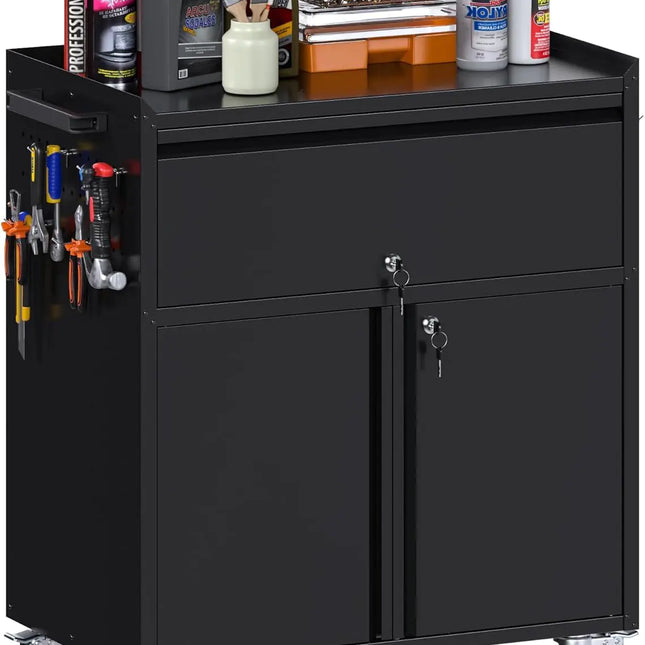Black Metal Rolling Tool Cabinet With Drawer, Pegboard, Handle, Hooks, Adjustable Shelves On Wheels