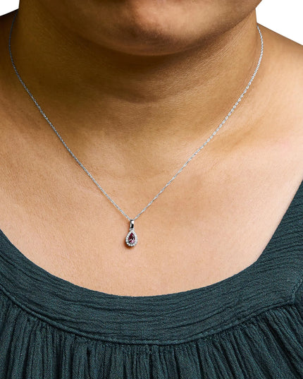 10K White Gold 5x3mm Gemstone and Diamond Accent Halo Pear Shape 18" Pendant Necklace (I-J Color, I1-I2 Clarity)