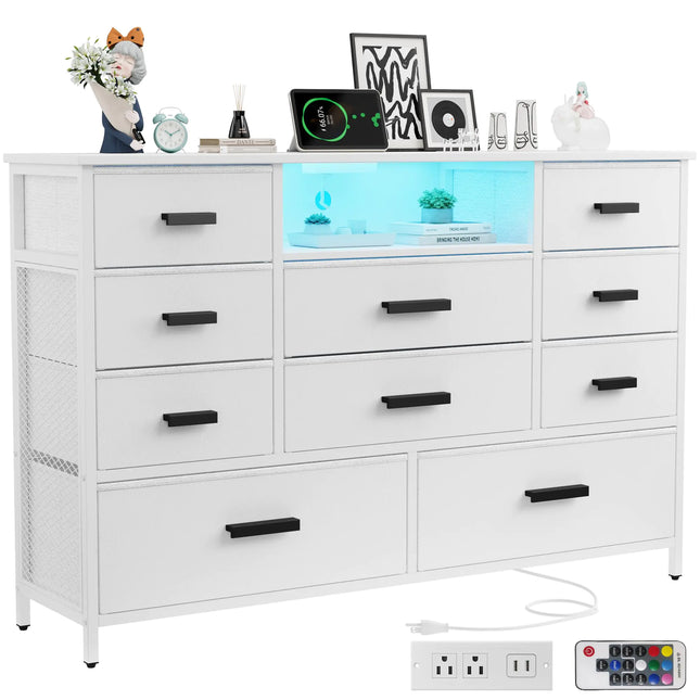 Harpaq White 10-Drawer Dresser with Charging Station & LED Light – Fabric Dresser with PU Finish, TV Stand for up to 55" for Bedroom or Closet