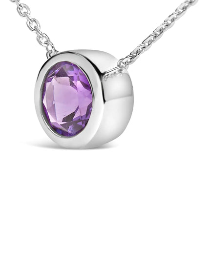 .925 Sterling Silver 7MM Bezel Set Created Purple Amethyst Pendant Necklace - 18" Inches