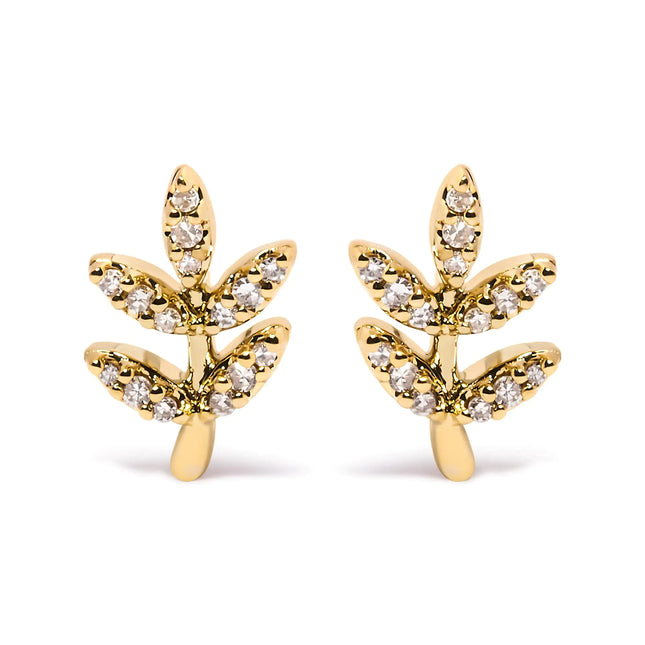 10K Yellow Gold 1/10 Cttw Diamond Accented Leaf and Branch Stud Earrings (H-I Color, I1-I2 Clarity)
