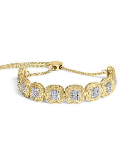 14k Yellow Gold Plated .925 Sterling 5/8 Cttw Diamond Composite Cushion Frame 4”-10” Adjustable Bolo Bracelet (G-H Color, I1-I2 Clarity)