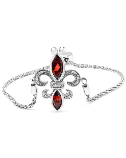 .925 Sterling Silver Marquise Garnet  and Diamond Accent Lariat 4”-10” Fleur De Lis Adjustable Bolo Bracelet (H-I Color, SI1-SI2 Clarity)