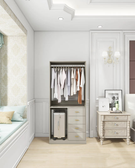 Grey Walk-In Closet Organizer System – 4 Drawers, Shelves, Hanging Rod with Metal Handles, 31.5"W × 15.7"D × 70.8"H