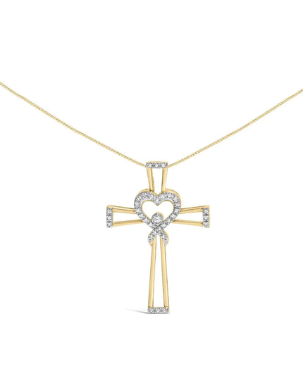 14K Yellow Gold Plated .925 Sterling Silver 1/6 Cttw Diamond Interlocking Heart and Ribbon Cross Pendant Necklace (H-I Color, I2-I3 Clarity) - 18" Inches