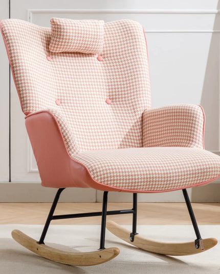 35.5" Houndstooth Fabric Rocking Chair, Wingback Glider With Solid Wood Base