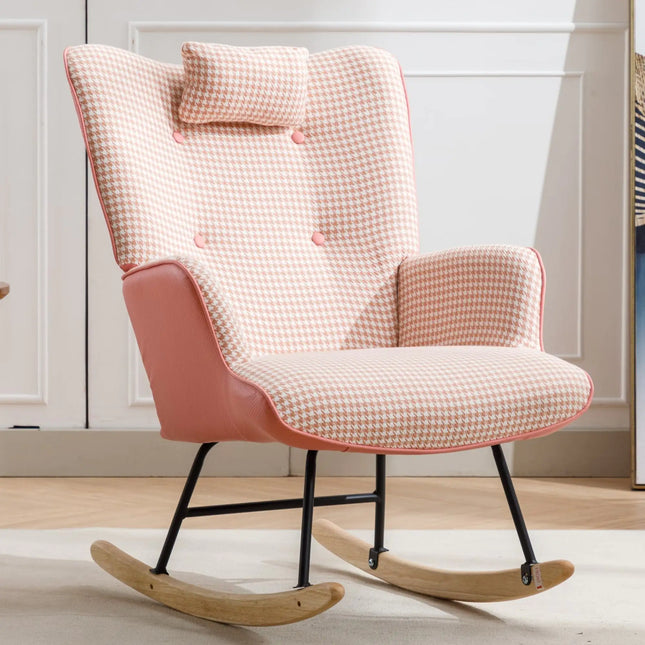 35.5" Houndstooth Fabric Rocking Chair, Wingback Glider With Solid Wood Base
